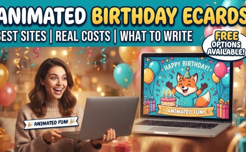 A festive blog featured image with large text reading "ANIMATED BIRTHDAY ECARDS: BEST SITES | REAL COSTS | WHAT TO WRITE". A smiling woman is shown holding a laptop, and the laptop screen displays a cartoon fox character celebrating with a cake and balloons.