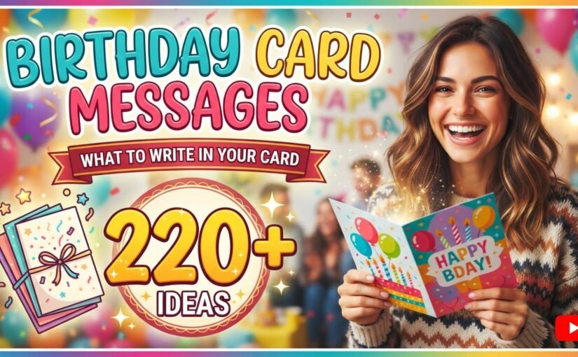 A vibrant blog featured image showing a smiling woman holding an open birthday card with colorful balloons and confetti, alongside bold text reading "Birthday Card Messages: 220+ Ideas."