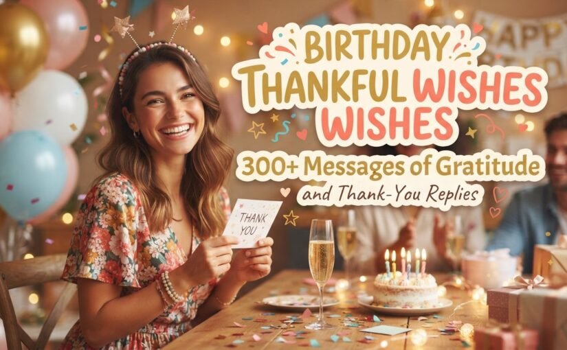 A smiling woman holds a thank-you card at a festive birthday party with balloons and cake, next to large celebratory text.