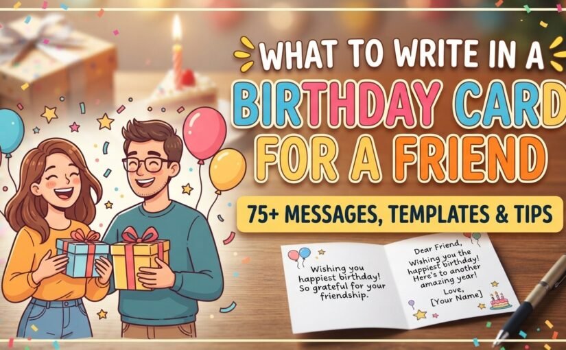 Graphic for a blog post titled "What to Write in a Birthday Card for a Friend," featuring an illustration of a celebrating couple, confetti, an open card with sample messages, and text detailing 75+ templates and tips.