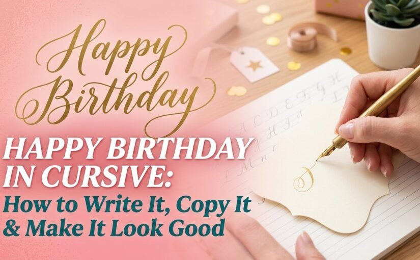 Hand holding a calligraphic pen writing "Happy Birthday" in elegant gold cursive script on stationery, with title text reading "Happy Birthday in Cursive: How to Write It, Copy It & Make It Look Good."