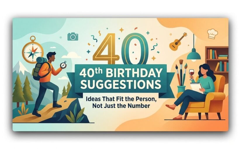 Illustrated blog thumbnail featuring the text '40th Birthday Suggestions: Ideas That Fit the Person, Not Just the Number' with a hiker on the left and a cozy reader on the right.