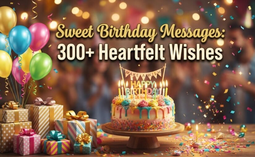 Colorful birthday party setup with wrapped gift boxes, floating balloons, confetti, and a decorated birthday cake featuring candles and a "Happy Birthday" banner, alongside the text "Sweet Birthday Messages: 300+ Heartfelt Wishes"